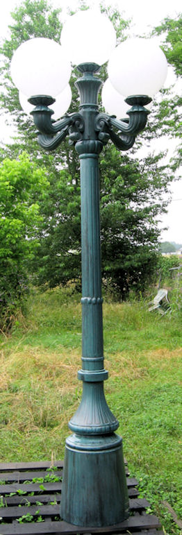 5 lamp victorian light post with a verdi gris finish and round globes